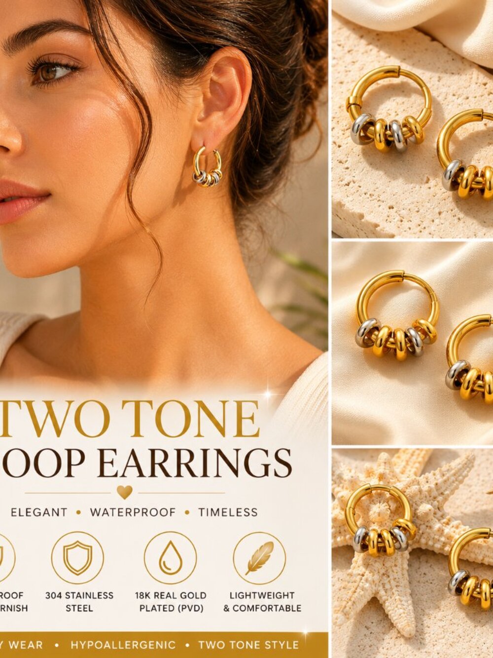 18K Gold PVD Two Tone Hoop Earrings | 304 Stainless Steel Waterproof Non-Tarnish